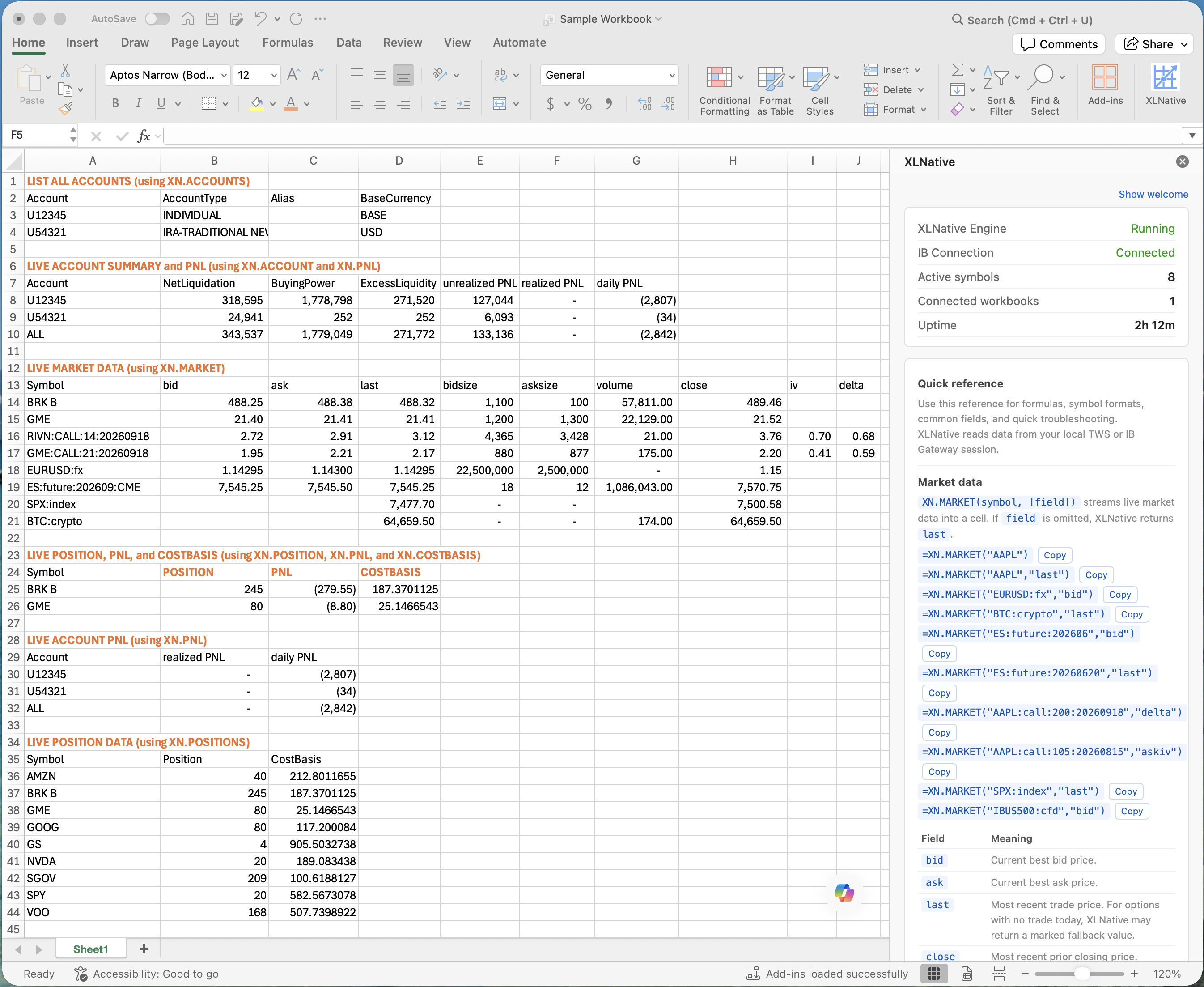 Excel for Mac workbook showing live IBKR account data, market data, options IV and delta, positions, P&L, cost basis, and the XLNative task pane